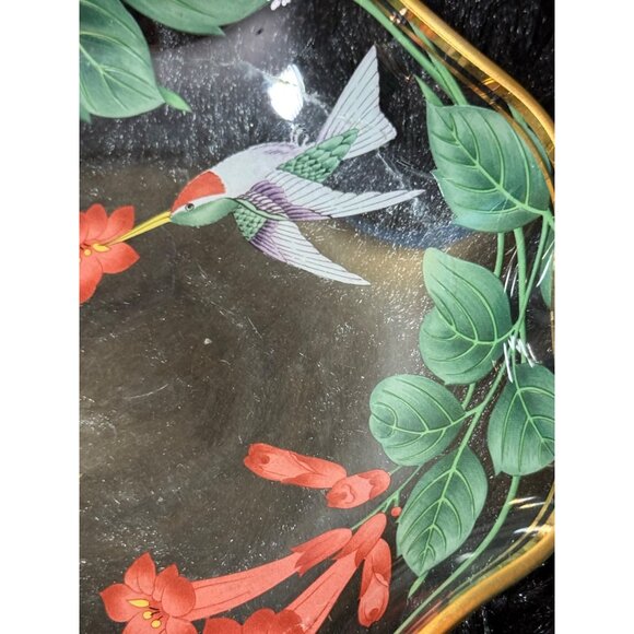 Vintage 1991 Lefton Glass Bowl With Hummingbirds & Flowers Ruffle Gold Edge - Picture 3 of 7